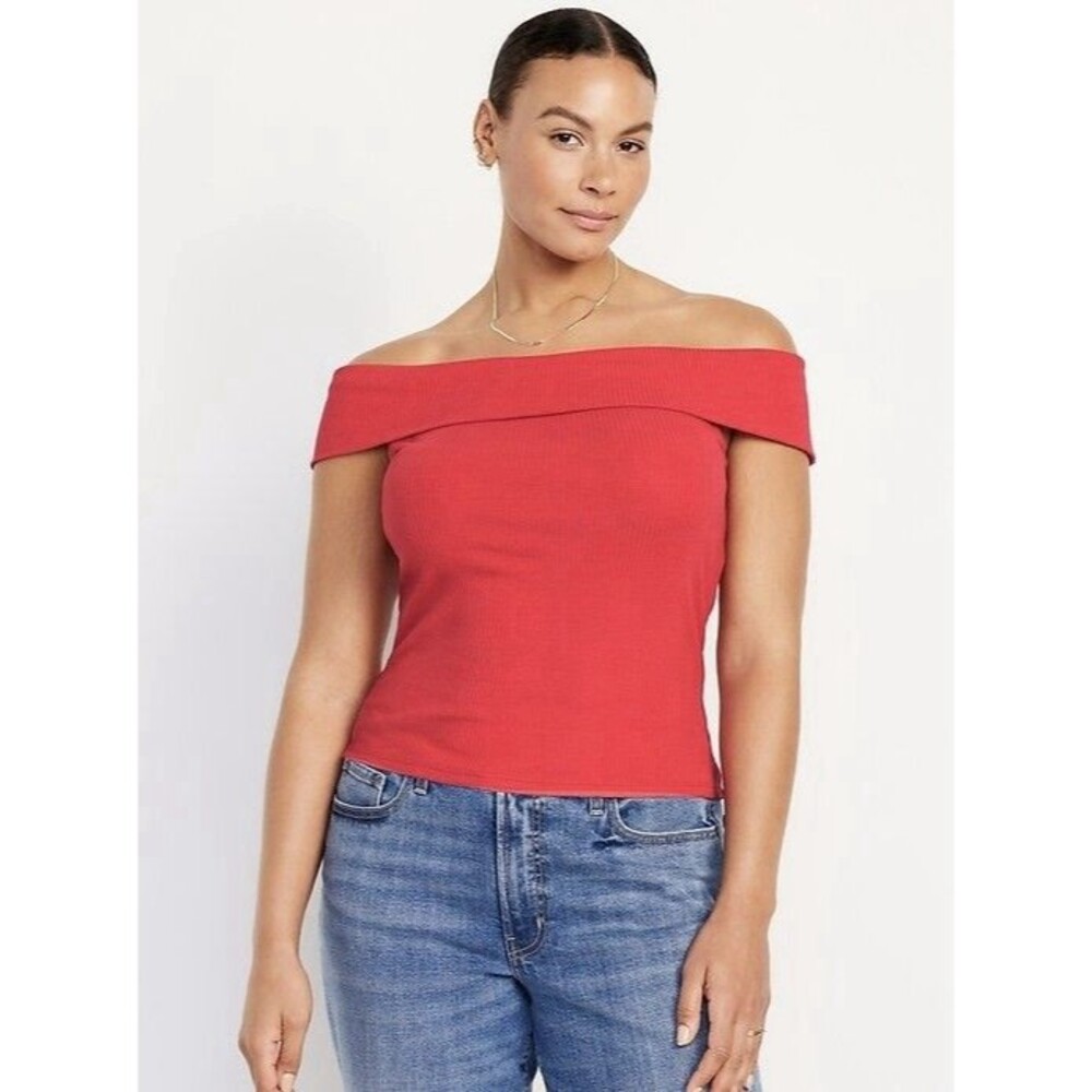 Old Navy Women’s Size XXL Off-the-Shoulder Ribbed Top In Cherry Tomato